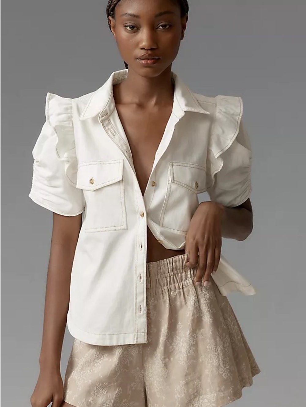 Pilcro Ruffle-Sleeve Denim Buttondown Shirt